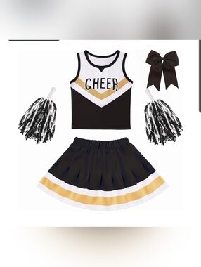 Girls Black and Gold Cheerleading Set with Pom Poms and Bow Fits 9-10 Years